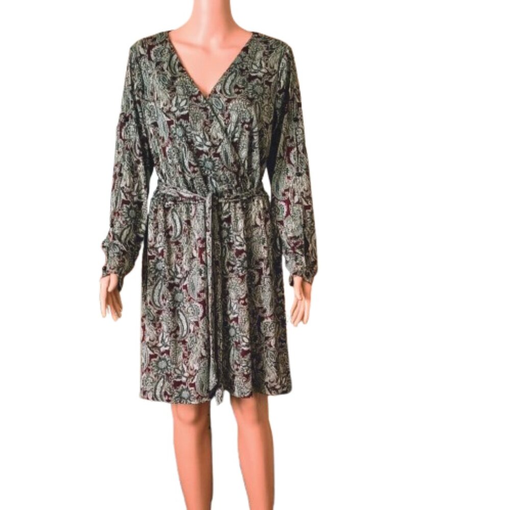 Women's Paisley Faux Wrap Dress L Gray Wine Fit & Flare Tie Waist Split Sleeves